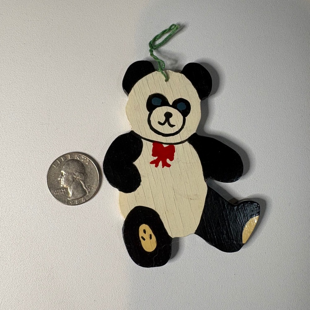 Vintage Hand Painted Wood Panda Bear Ornament Red Bow Tie Folk Art Christmas